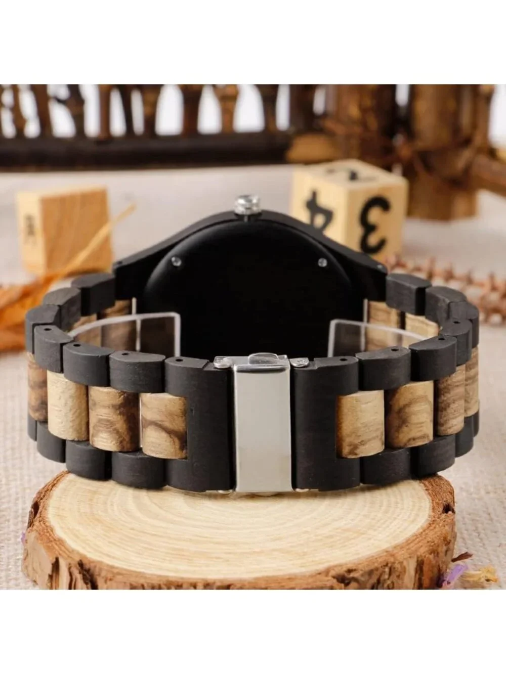 Men's Black Handmade Tree Pattern Lightweight Analog Quartz Wrist Wooden Watch